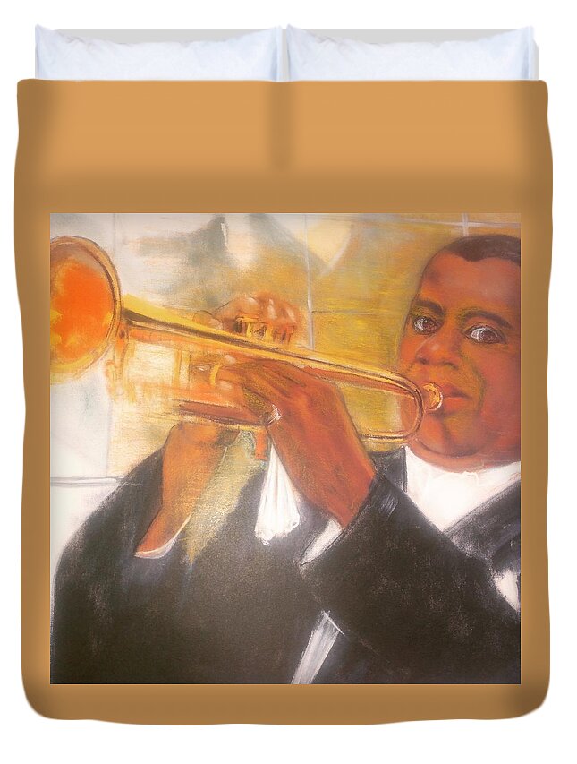 Famous Satchmo Quotes. Duvet Cover featuring the mixed media Music is Life itself by Kippax Williams