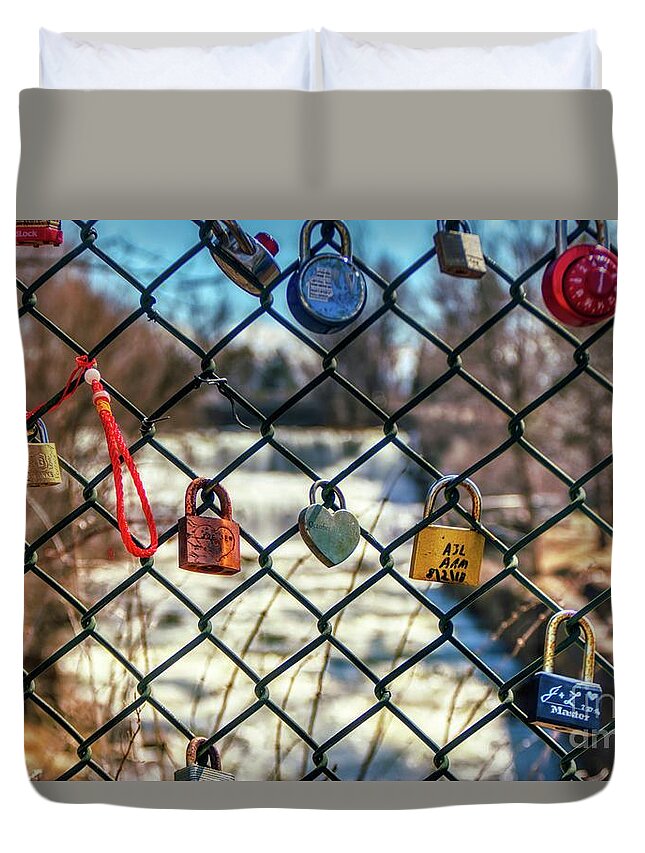  #locksoflove #love #locks #fence #romance #falls #waterfalls #waterfall #williamsvilleny #glenfallspark #iloveny #wunderlust #photography #photographer #instagram #picoftheday #imageoftheday #photo #hdr #highdynamicrange #skylum #aurorahdr2019 Duvet Cover featuring the photograph Love Locks by Jim Lepard