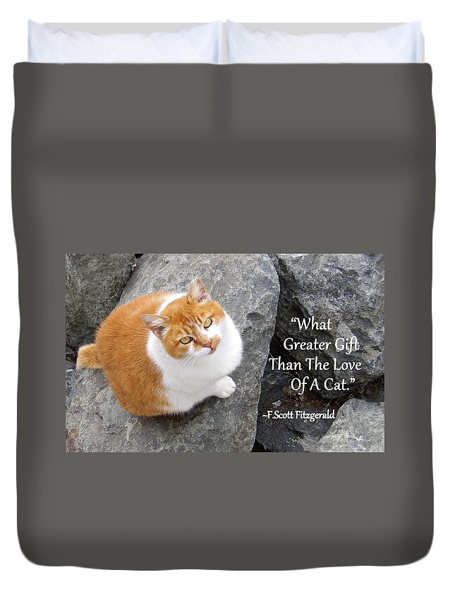 Quote Duvet Cover featuring the photograph Love Of A Cat Quote by Linda Vanoudenhaegen
