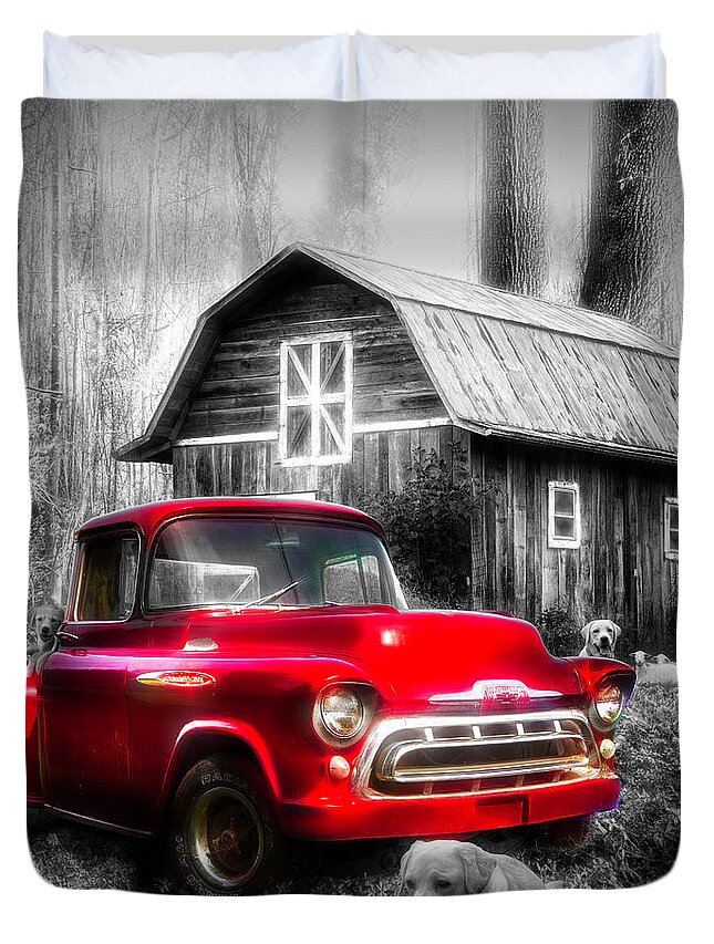 1957 Duvet Cover featuring the photograph Love that Red Truck at Springtime Black and White in Square by Debra and Dave Vanderlaan
