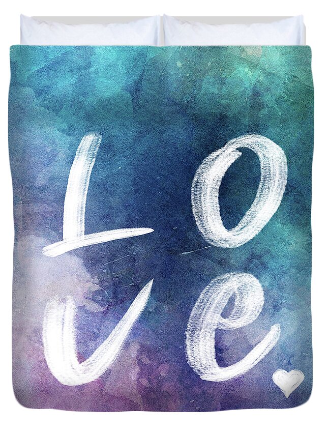 Love Duvet Cover featuring the painting Love watercolor in a blue square by Delphimages Photo Creations
