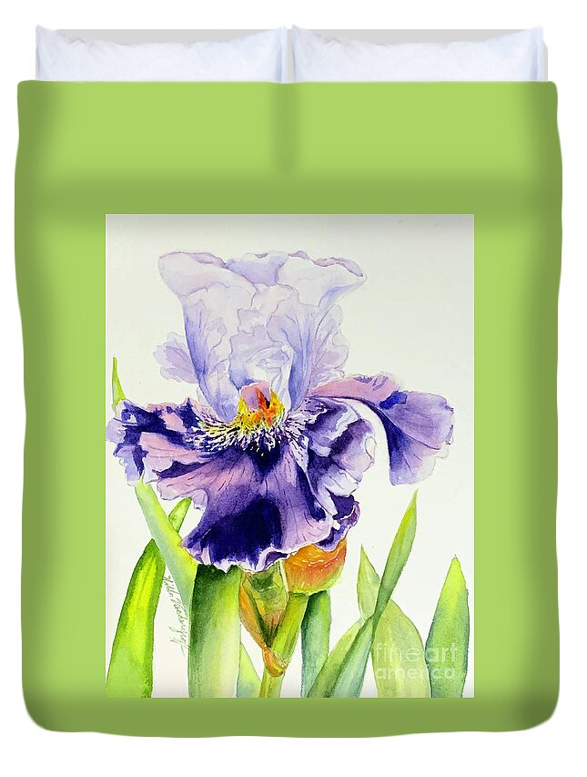 Purple Iris Duvet Cover featuring the painting Lovely Iris by Hilda Vandergriff