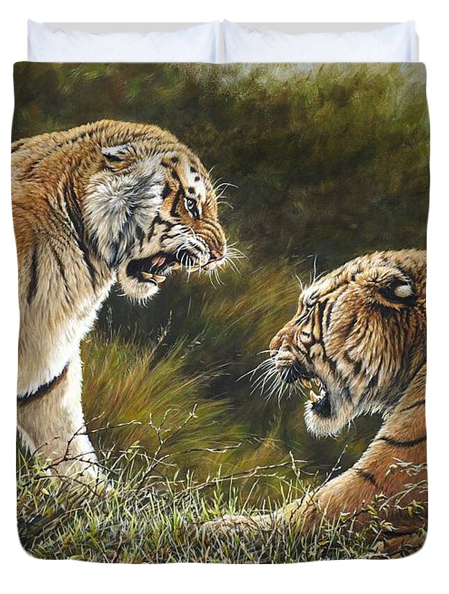 Wildlife Paintings Duvet Cover featuring the painting Lovers Tiff by Alan M Hunt
