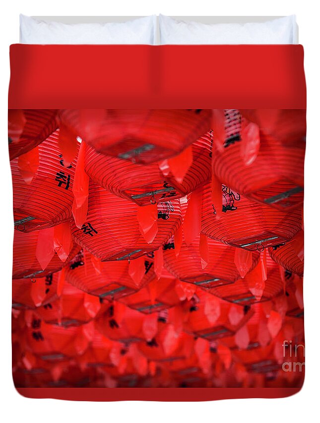 Chinese Culture Duvet Cover featuring the photograph Low Angle View Of Red Lamps, Korea by Aroonz Photography