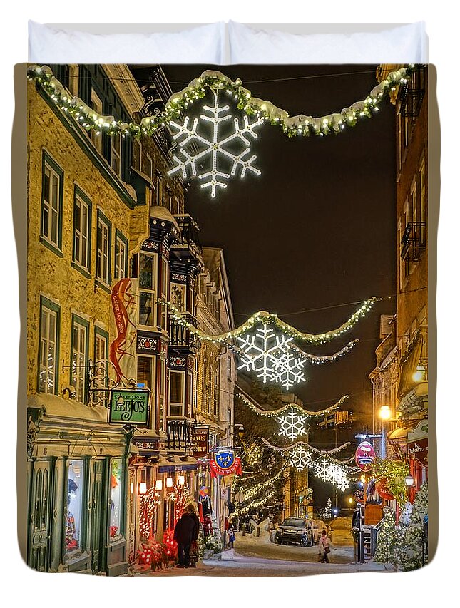Quebec Duvet Cover featuring the photograph Lower Town Quebec City at Night by Patricia Caron