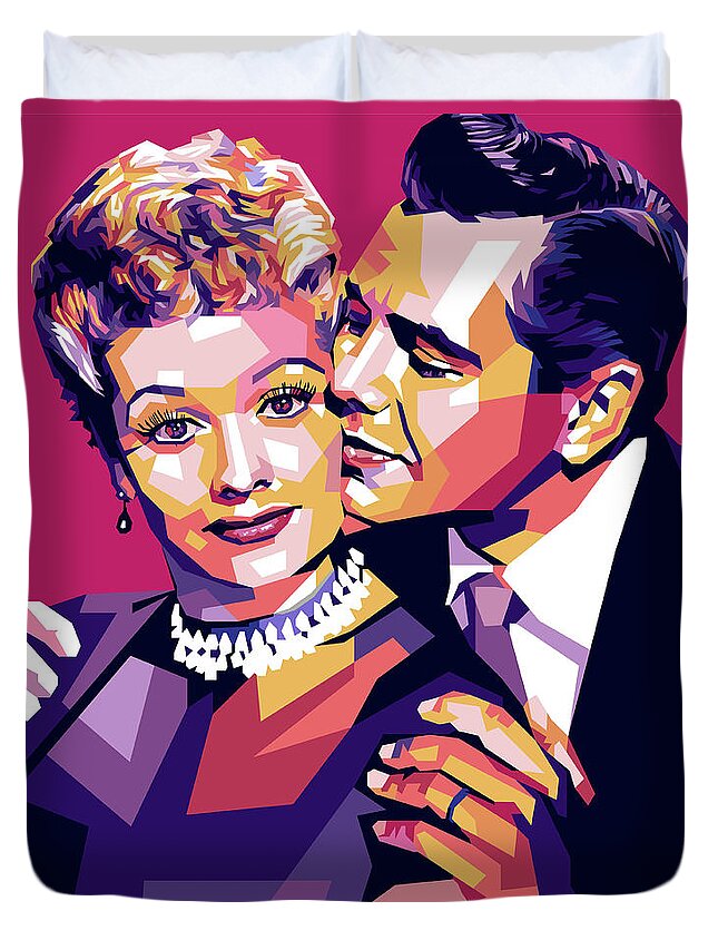 Synopsis Duvet Cover featuring the digital art Lucille Ball and Desi Arnaz, with synopsis by Movie World Posters