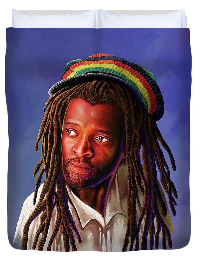 Reggae Duvet Cover featuring the painting Lucky Dube by Anthony Mwangi