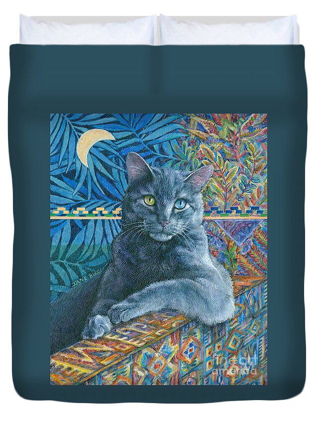 Cat Feline Moon Luna Blue Blues Colorful Portrait Ikat Gato Chat Azure Duvet Cover featuring the painting Luna Blue Cat by Jane Bucci