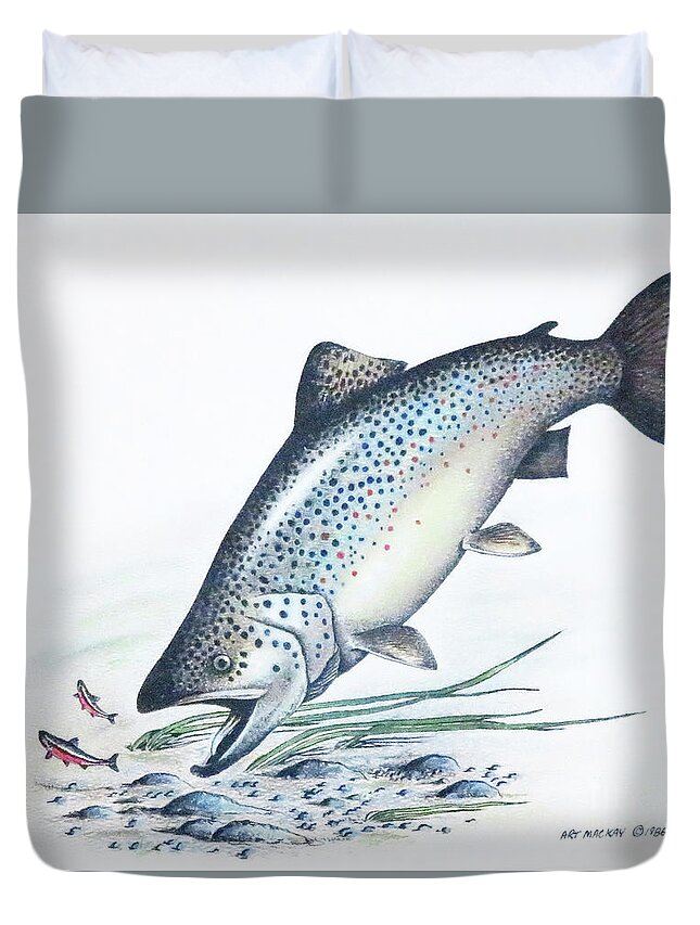 Atlantic Salmon Duvet Cover featuring the mixed media Lunch Time by Art MacKay