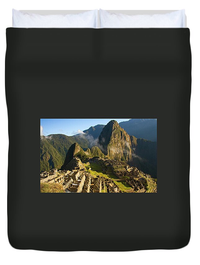 Machu Picchu Duvet Cover featuring the photograph Machu Picchu And Fog In Morning by Matt Champlin