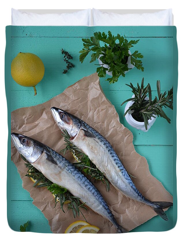 Wood Duvet Cover featuring the photograph Mackerel With Greens And Lemon by Amália Túry