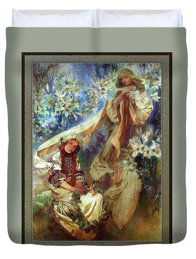 Madonna Of The Lilies Duvet Cover featuring the painting Madonna of the Lilies by Alphonse Mucha by Rolando Burbon
