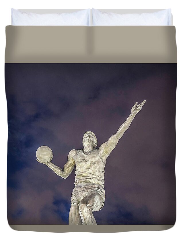 Magic Duvet Cover featuring the photograph Magic Johnson Statue at Blue Hour by John McGraw