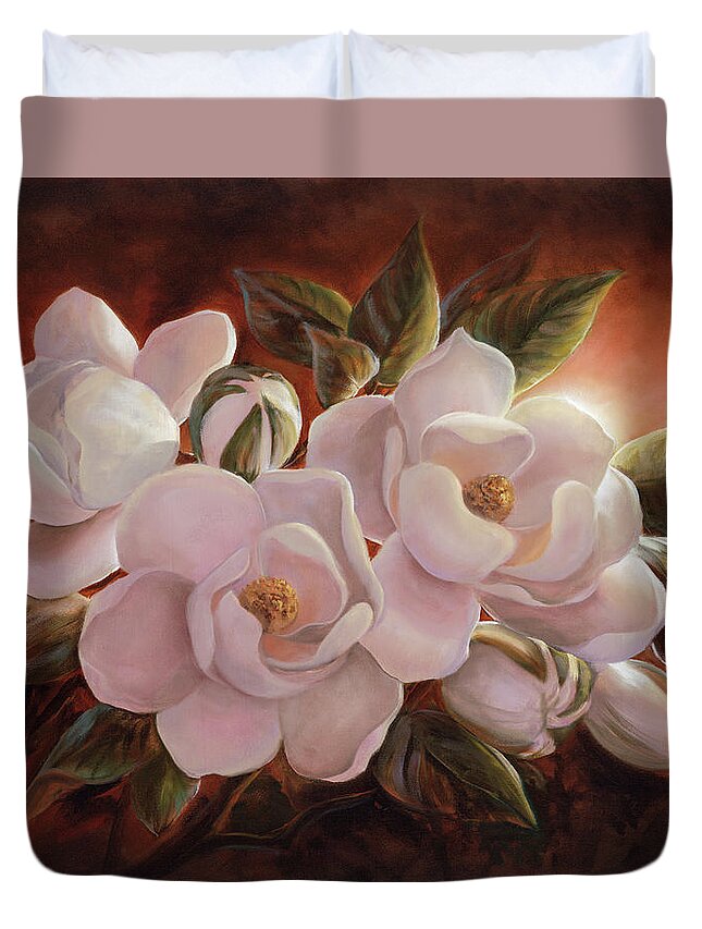 Magnolia Duvet Cover featuring the painting Magnolia Sunrise by Lynne Pittard