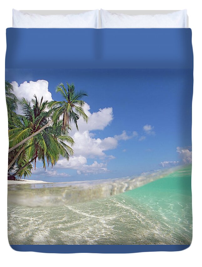 Underwater Duvet Cover featuring the photograph Maldives, Lohifushi, Wave And Palms On by Peter Cade