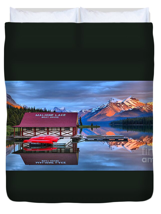 Maligne Lake Duvet Cover featuring the photograph Maligne Lake Sunset Spectacular by Adam Jewell
