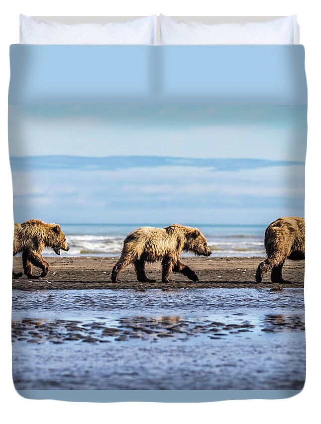 Bear Duvet Cover featuring the photograph Mama bear and her two cubs on the beach by Lyl Dil Creations