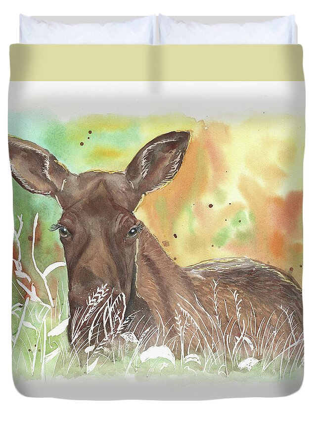 Moose Duvet Cover featuring the painting Mama Moose by Jeanette Mahoney