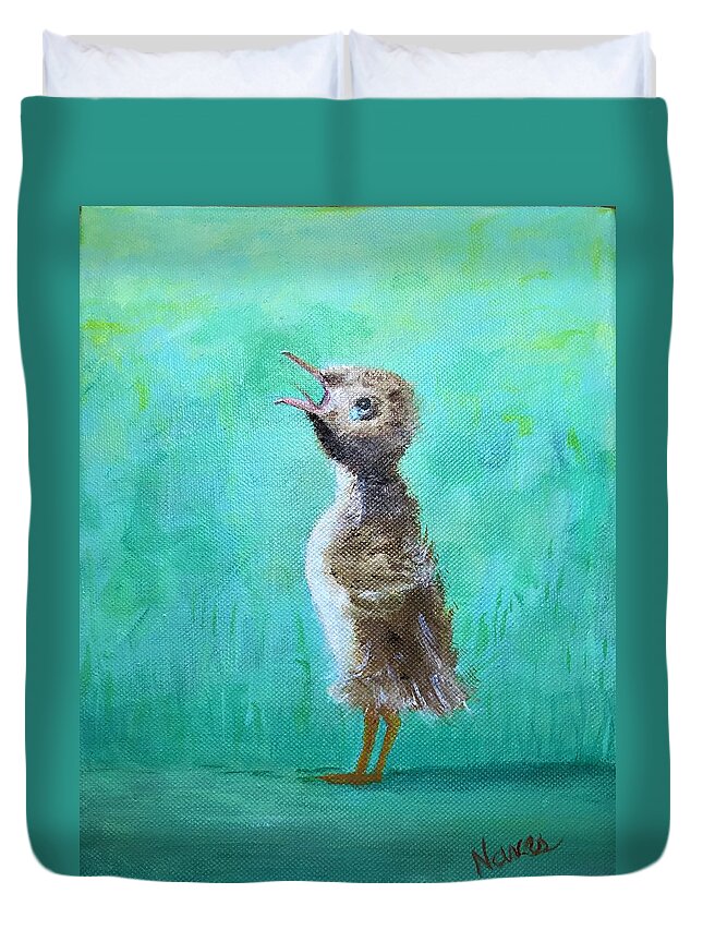 Duckling Duvet Cover featuring the painting Mama, where are you? by Deborah Naves