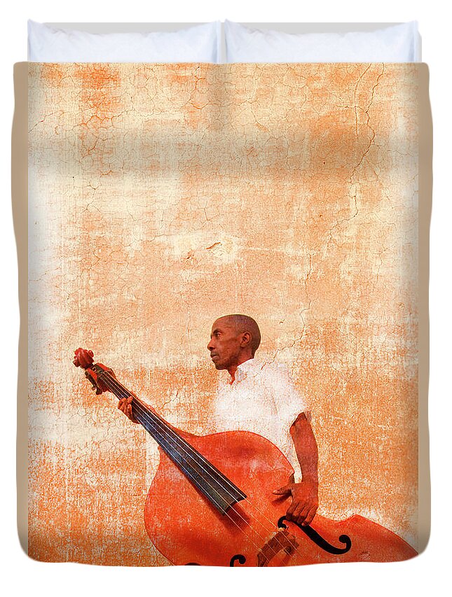 Three Quarter Length Duvet Cover featuring the photograph Man Carrying Double Bass by Grant Faint