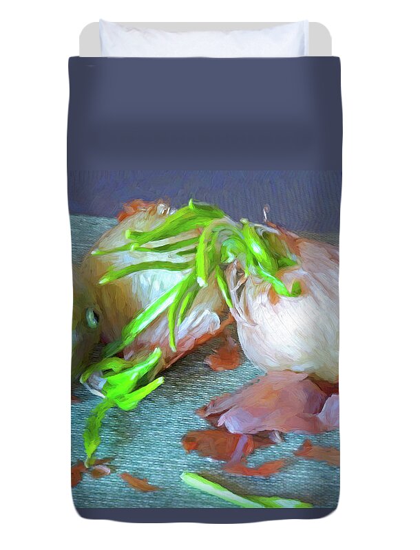 Kitchen Duvet Cover featuring the mixed media Mango and Two Onions by Lynda Lehmann
