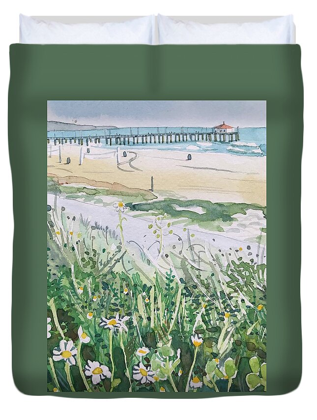 Manhattan Beach Duvet Cover featuring the painting Manhattan Beach Pier by Luisa Millicent