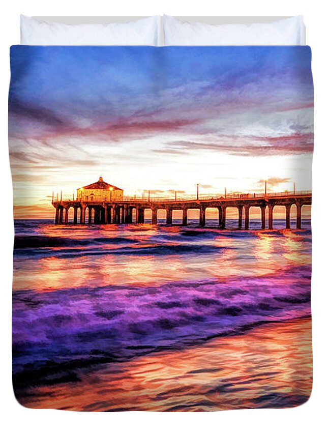 Manhattan Beach Duvet Cover featuring the painting Manhattan Beach Pier Sunset by Christopher Arndt