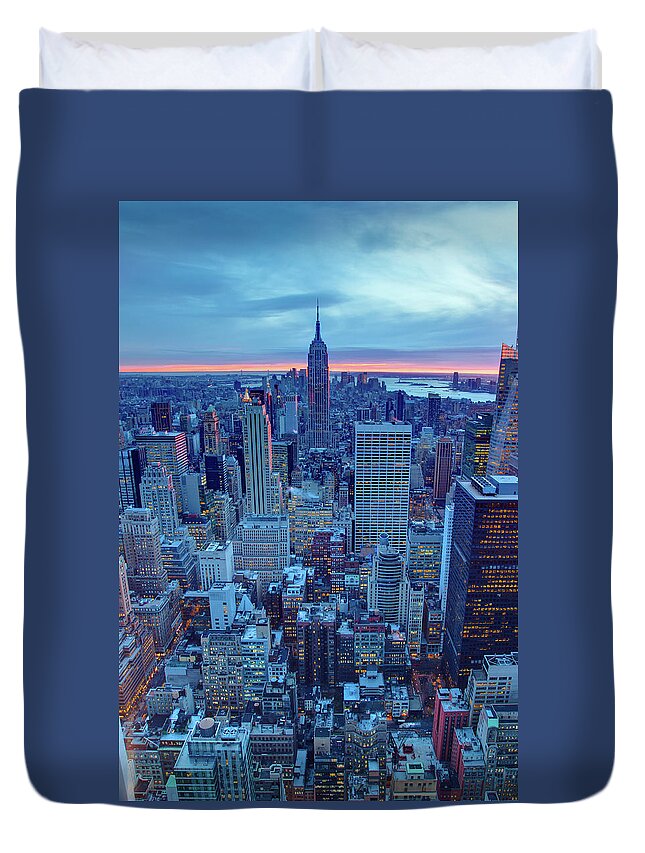 Tranquility Duvet Cover featuring the photograph Manhattan Skyscrapers At Sunset by J. Andruckow