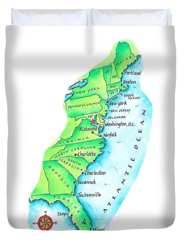 Watercolor Painting Duvet Cover featuring the digital art Map Of American East Coast by Jennifer Thermes