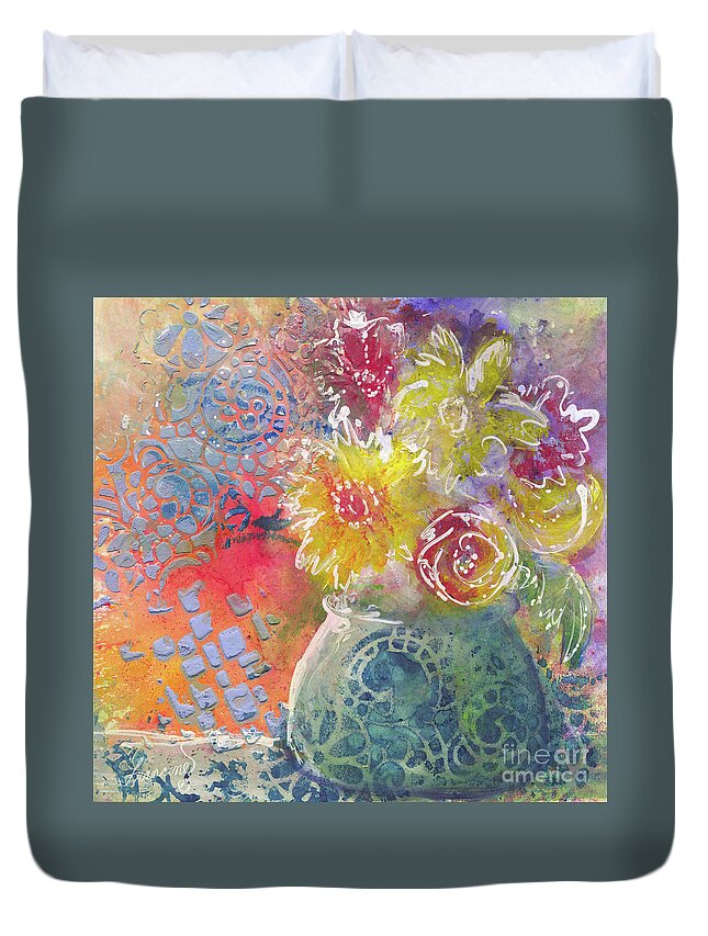 Mixed Media Duvet Cover featuring the mixed media Marabu Flowers 1 by Francine Dufour Jones