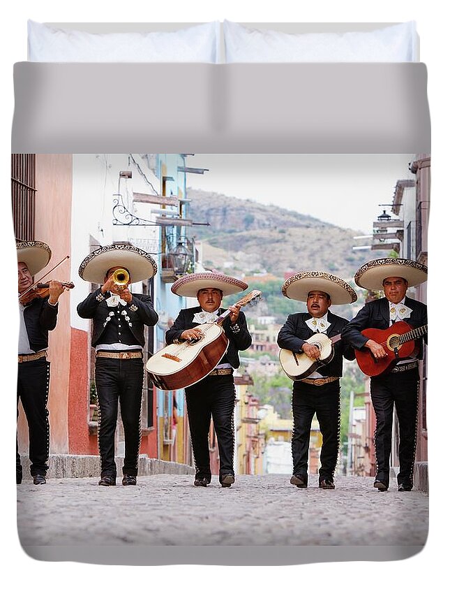 Mature Adult Duvet Cover featuring the photograph Mariachi Band Walking In Street by Pixelchrome Inc