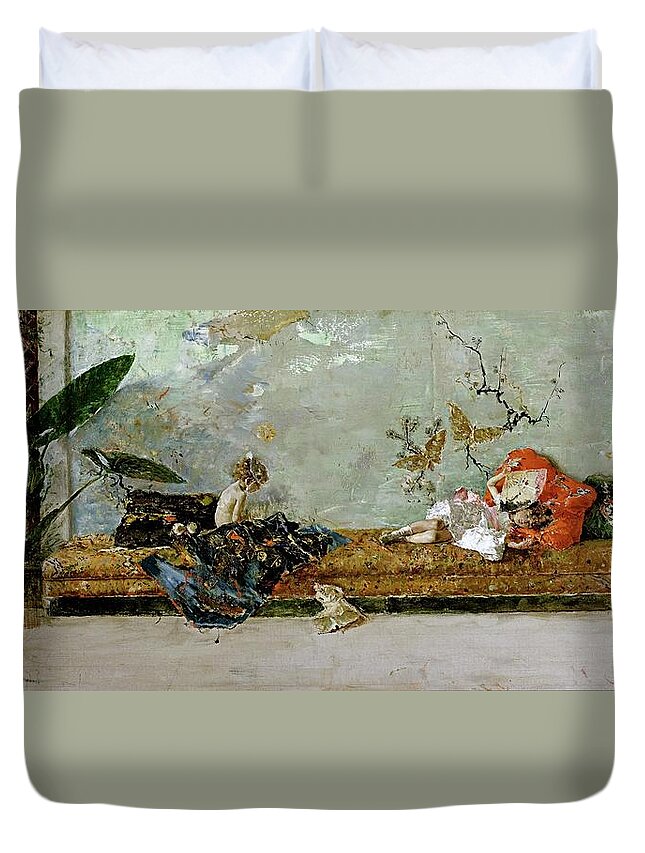 Maria Fortuny Duvet Cover featuring the painting Mariano Fortuny Marsal 'The painter's children, Maria Luisa and Mariano, in the Japanese Room',1874. by Mariano Fortuny y Marsal -1838-1874-