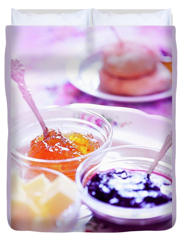 Ip_11251436 Duvet Cover featuring the photograph Marmalade, Strawberry Jam And Butter For Teatime by Martin Dyrlv