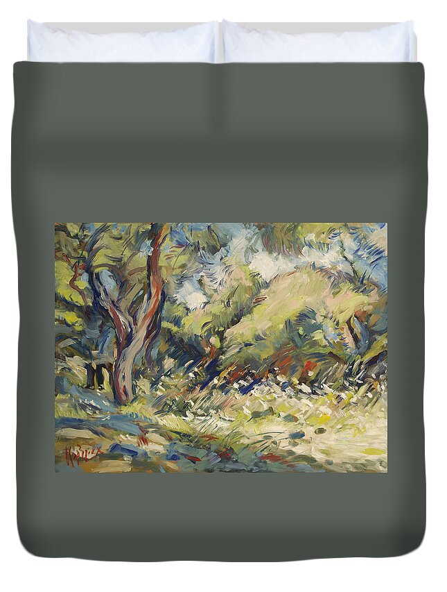 Paxos Duvet Cover featuring the painting Marmari olive orchard Paxos by Nop Briex