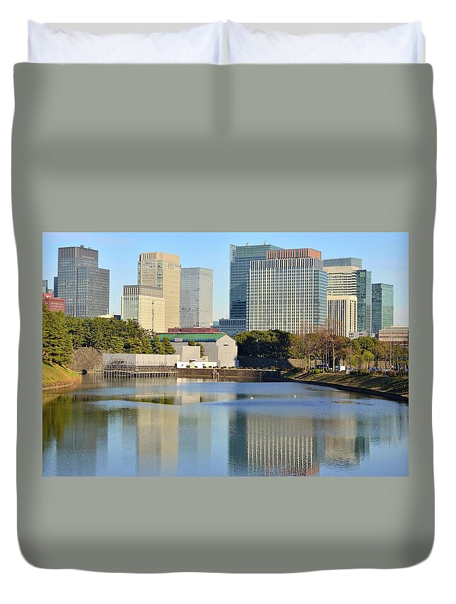 Built Structure Duvet Cover featuring the photograph Marunouchi Buildings Reflected by Electravk