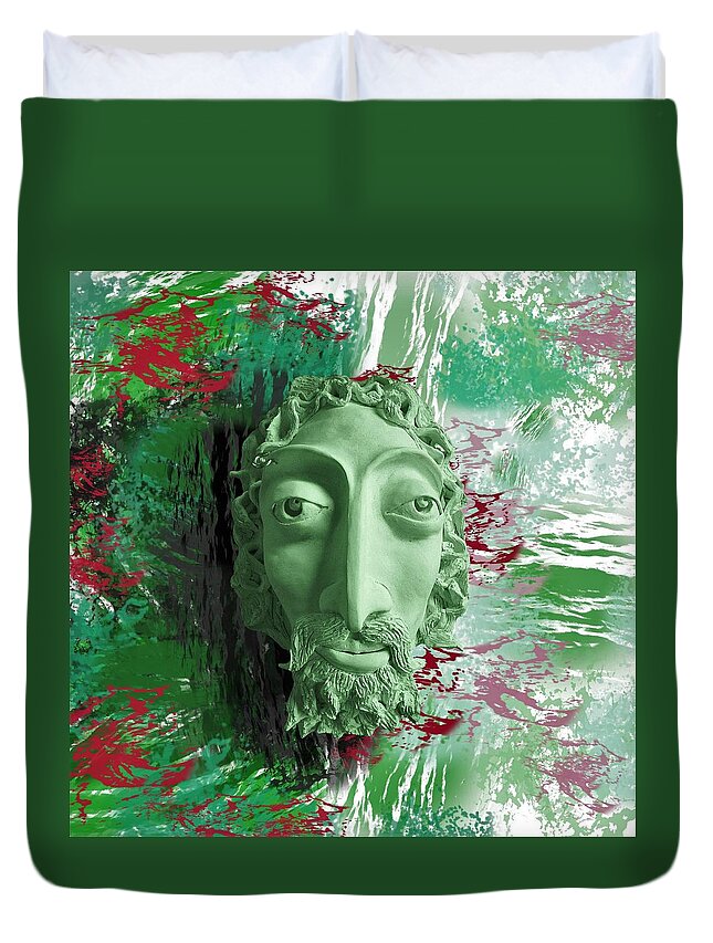 Mask Duvet Cover featuring the ceramic art Mask The Saviour by Joan Stratton