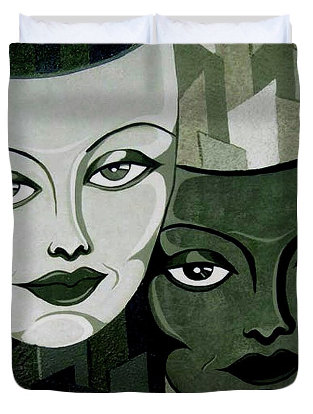 Portrait Duvet Cover featuring the painting Masks Verde by Tara Hutton
