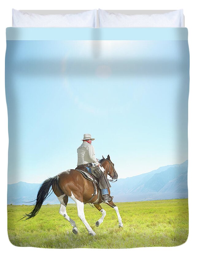 One Man Only Duvet Cover featuring the photograph Mature Cowboy Riding Painted Mustang by Stephen Swintek