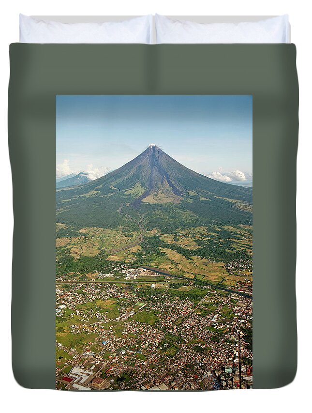 Dawn Duvet Cover featuring the photograph Mayon Volcano And Legazpi City by Kay Dulay