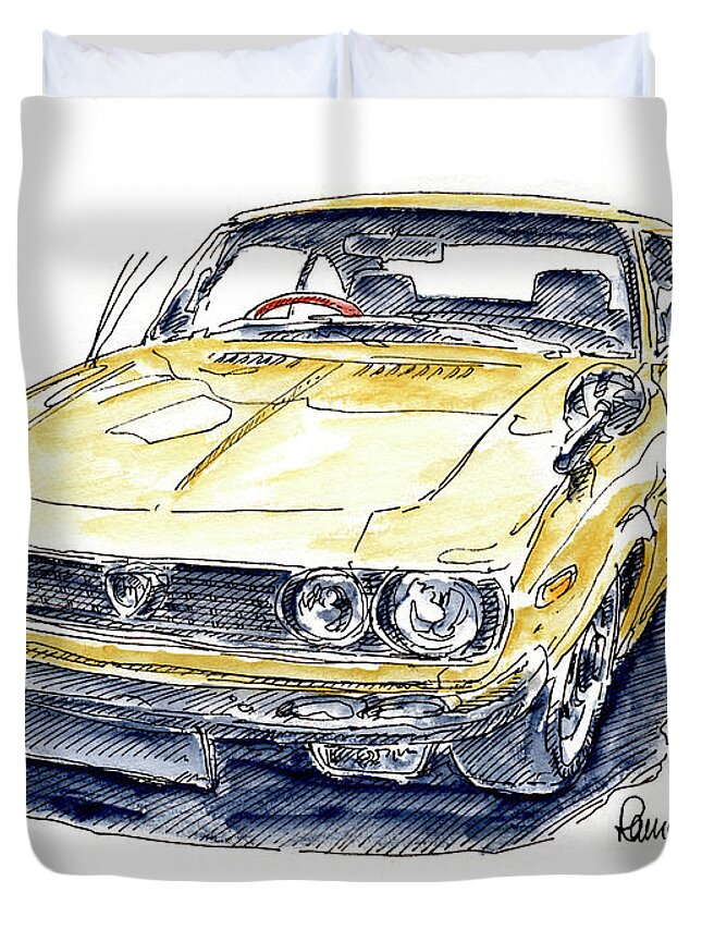 Mazda Duvet Cover featuring the drawing Mazda RX87 Luce R130 Classic Car Ink Drawing and Watercolor by Frank Ramspott