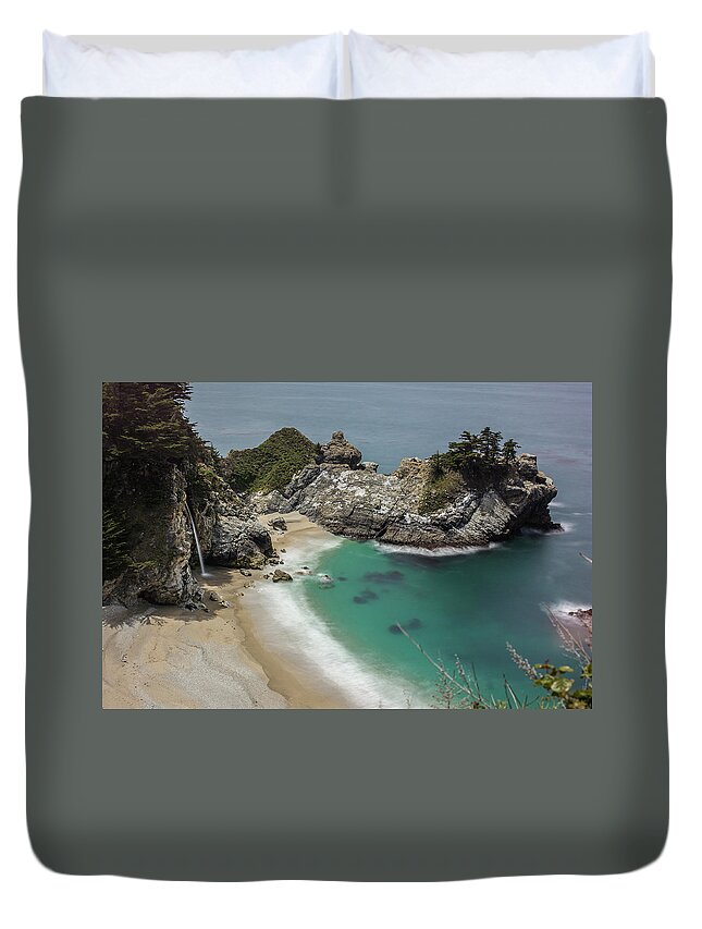 Waterfall Duvet Cover featuring the photograph McWay waterfall, Big Sur, California by Julieta Belmont