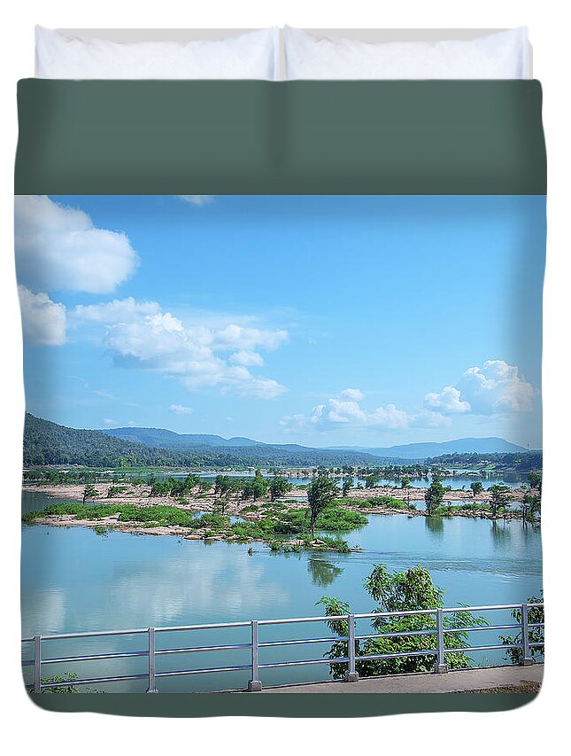 Scenic Duvet Cover featuring the photograph Mekong River and Laos in the Distance DTHU0988 by Gerry Gantt