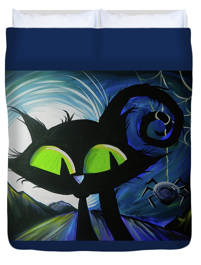 Halloween Duvet Cover featuring the digital art Meow, Meow BOO by Karen Mesaros