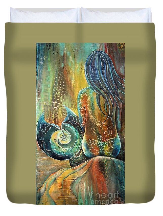 Mermaid Duvet Cover featuring the painting Mermaid Girl by Reina Cottier