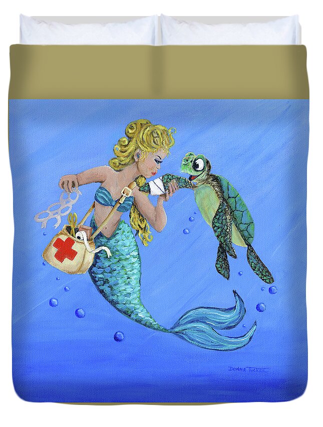 Coastal Duvet Cover featuring the painting Mermaid Nurse by Donna Tucker