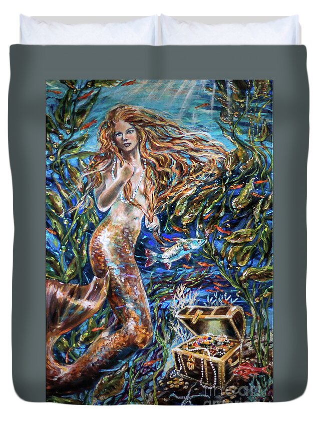 Mermaids Duvet Cover featuring the painting Mermaid with Treasure by Linda Olsen