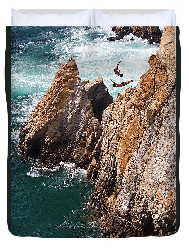 Young Men Duvet Cover featuring the photograph Mexico, Acapulco, Cliff Divers by Peter Adams