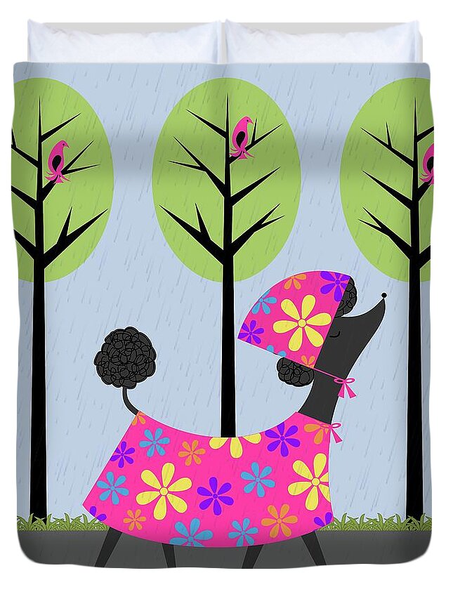 Mid Century Modern Duvet Cover featuring the digital art Mid Century Modern Black Poodle Spring by Donna Mibus