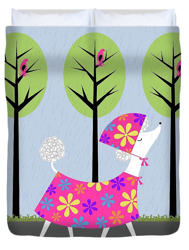 Mid Century Modern Duvet Cover featuring the digital art Mid Century White Poodle Spring by Donna Mibus