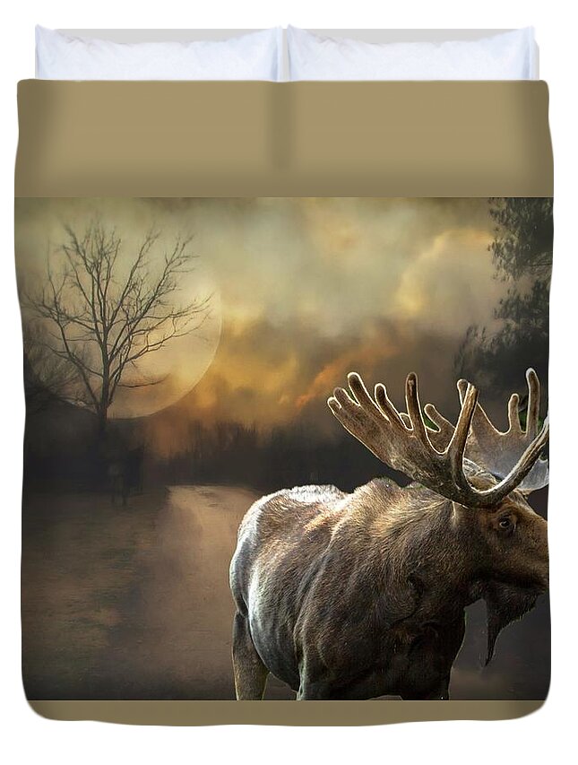 Moose Duvet Cover featuring the mixed media Moon and Moose by Janette Boyd